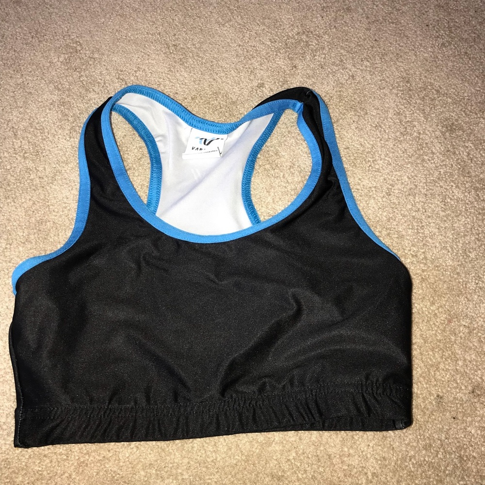 Varsity blue and black sports bra